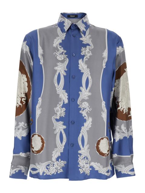 Versace Men Blue Shirt With Maxi Medusa Print On The Back And Baroque Pattern In Silk Man