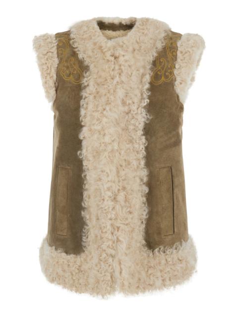 Etro Etro Women Beige Shearling Coat With Maxi Embroidery On The Back In Fur For Women