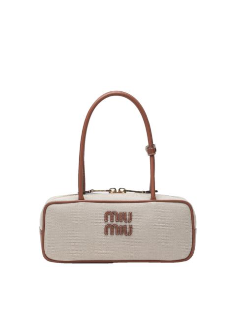 Miu Miu MIU MIU $3400 Beau Small Beige Brandy Canvas Leather Handbag