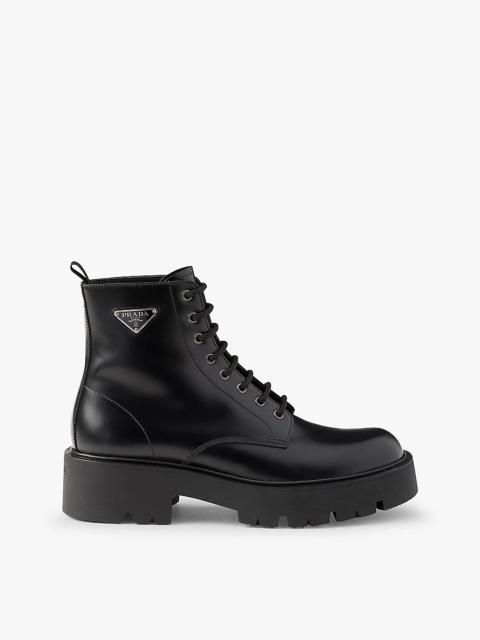 Brand-plaque brushed leather combat boots