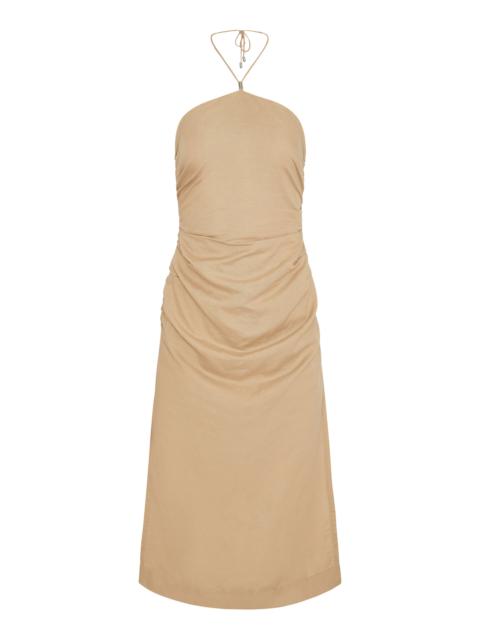 onia Air Linen Ruched Halter Dress tan