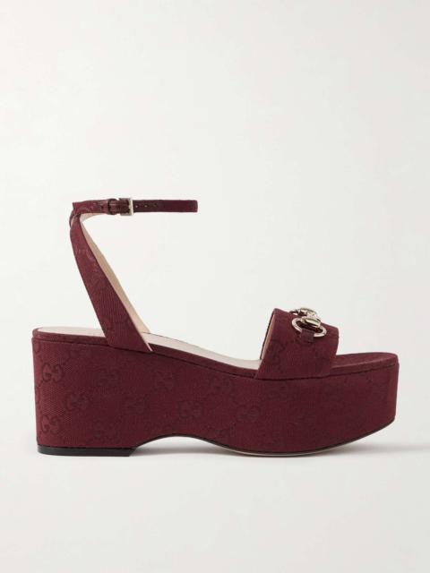 Lady horsebit-embellished canvas-jacquard platform sandals Burgundy