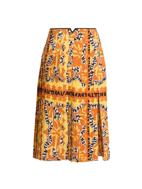 Valentino Pleated Logo Print Silk Midi Skirt