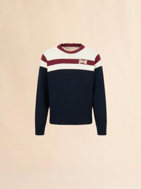 Marni DEEP BLUE COTTON JUMPER WITH CONTRAST STRIPE