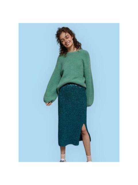 Other Designers NWT Anthropologie Maeve Alicia in Green Metallic Sequin Slit Pencil Skirt S $128