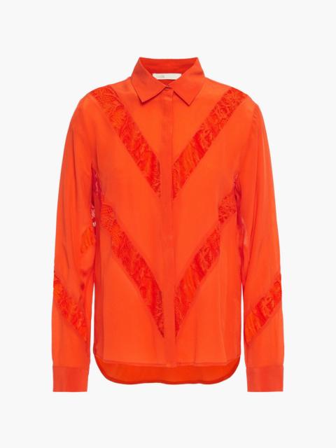 maje Lace-trimmed silk-crepe shirt
