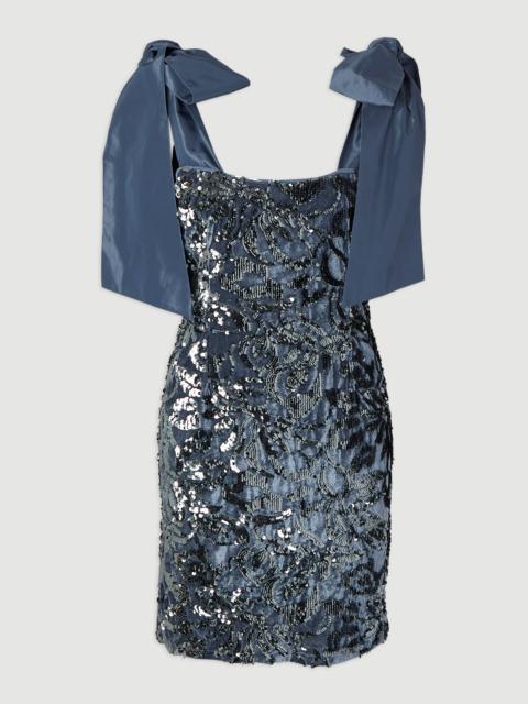 KAREN MILLEN Velvet Sequin Woven Mini Dress With Taffeta Bow Tie Detail