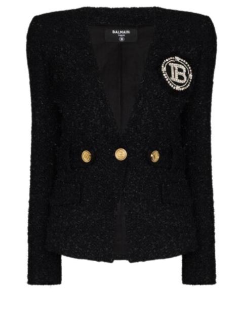 Balmain Crystal Logo Metallic Tweed Blazer