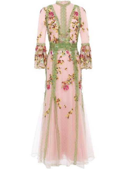 Lace-trimmed Embroidered Tulle Gown