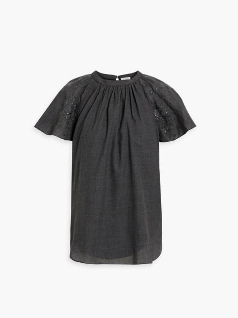 Brunello Cucinelli Sequin-embellished broderie anglaise-trimmed wool top
