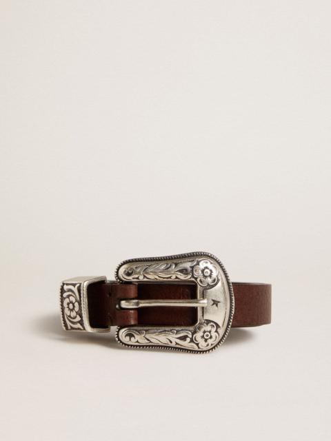 Golden Goose Women's dark brown leather belt with decorated silver buckle