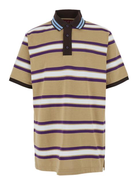 GUCCI Gucci Men Beige Polo Shirt With Logo Imprinted On The Front And All-Over Striped Motif In Cotton Man