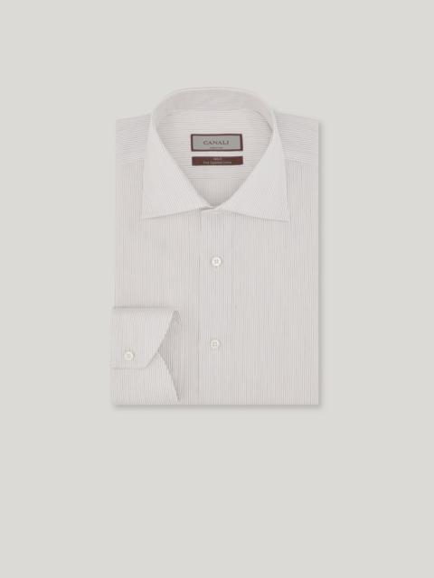 Canali WHITE AND BROWN COTTON SHIRT WITH MOTHER OF PEARL BUTTONS