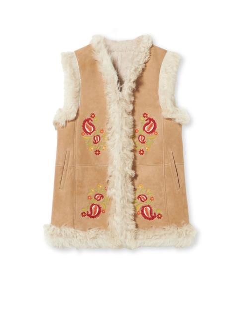 FORTELA Fortela Sheep Leather Floral Embroidery Gilet in Beige at Nordstrom