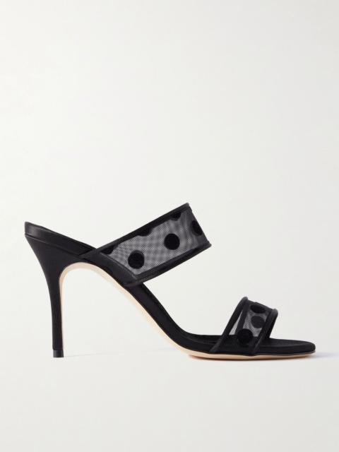 Manolo Blahnik Scolobi 90 satin-trimmed flocked mesh sandals Black