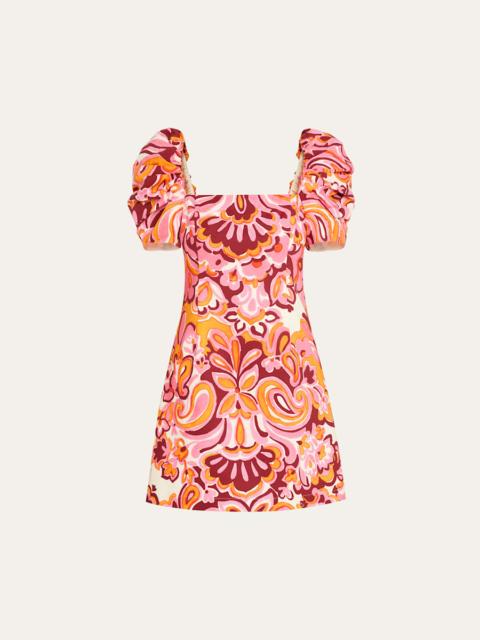 Cara Cara Kelly Blue Tile Print Puff-Sleeve Dress