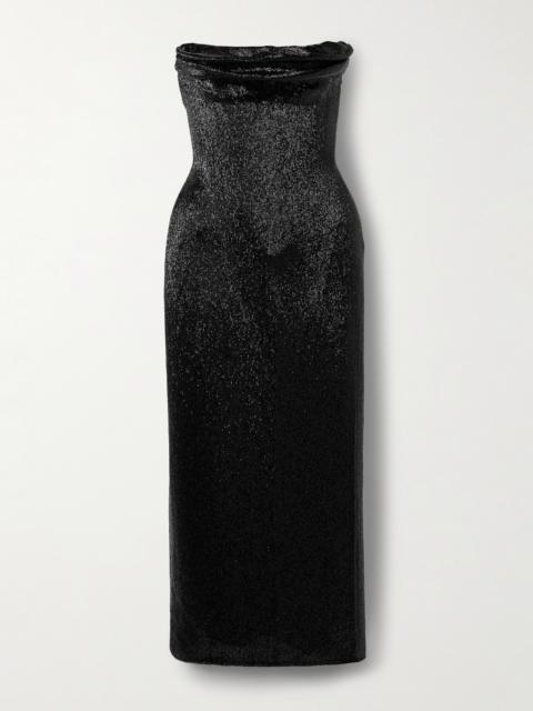 Wiederhoeft Ivy Draped Strapless Beaded Tulle Midi Dress