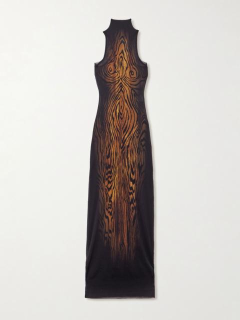 Jean Paul Gaultier Layered draped printed stretch-tulle turtleneck maxi dress Brown