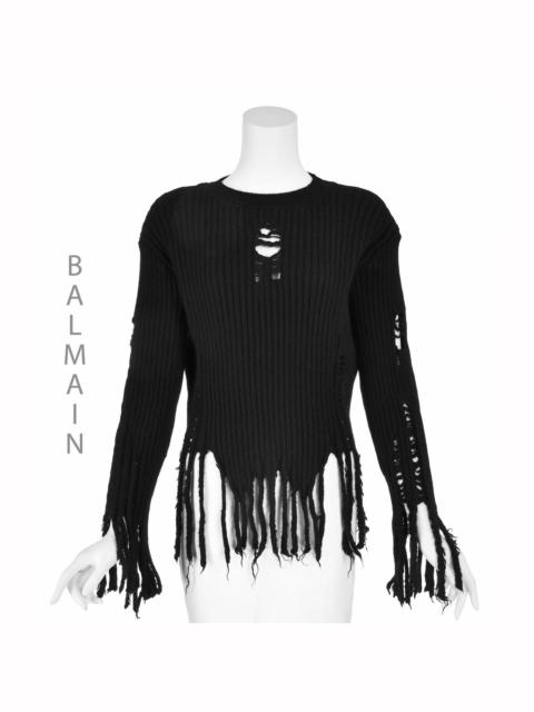 Balmain Deconstructed Black Wool Crew Neck Sweater 