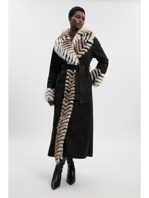 KAREN MILLEN Faux Shearling Contrast Collar & Cuff Belted Maxi Coat