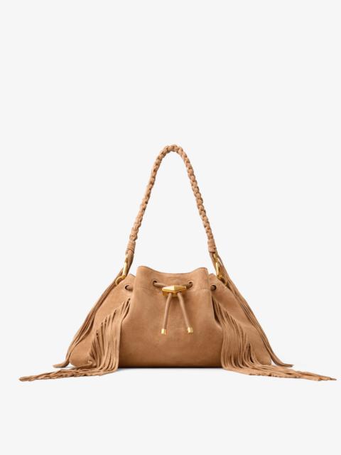 JIMMY CHOO Cinch M
Toffee Suede Shoulder Bag With Fringes