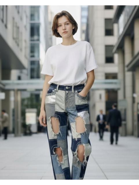 Other Designers Ronin Division - RONI Sequin Patchwork Blow Out Stretch Denim Cropped Style