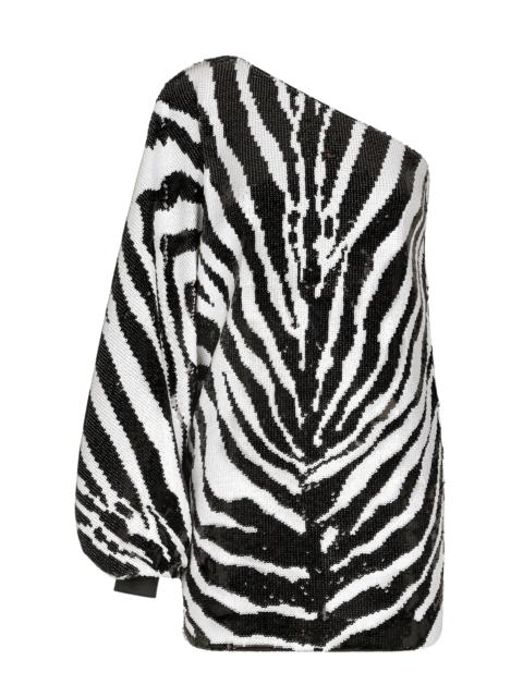Zebra Print Sequined One-shoulder Dress