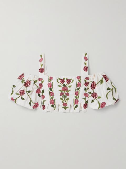 Agua by Agua Bendita Época Cropped Cold-shoulder Appliquéd Embroidered Linen Top