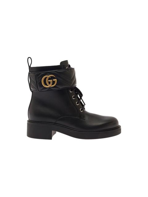 Black Ankle Boot With Double 'g' And Textured Hardware In Leather Woman