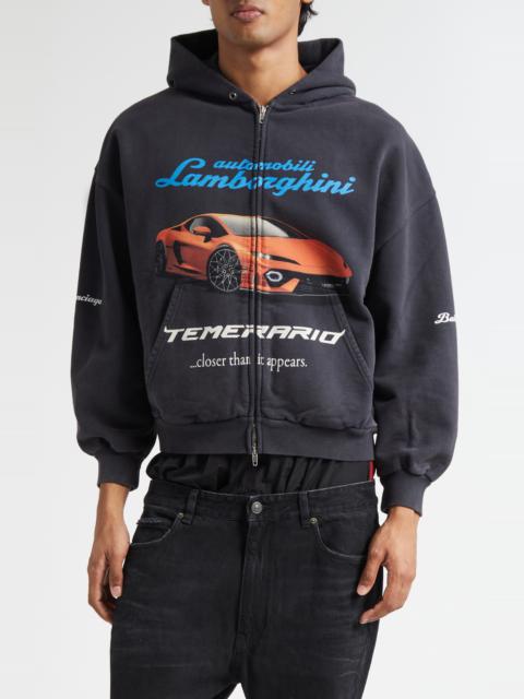 BALENCIAGA Balenciaga x Automobili Lamborghini Small Fit Full Zip Fleece Graphic Hoodie in 1041 Faded Washed Bl