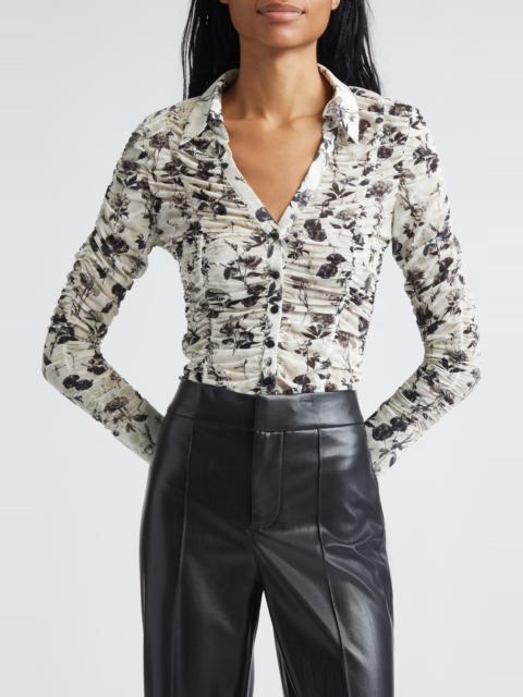 Alice + Olivia Alice + Olivia Portia Floral Center Ruched Button-Up Shirt in Arden Forest at Nordstrom