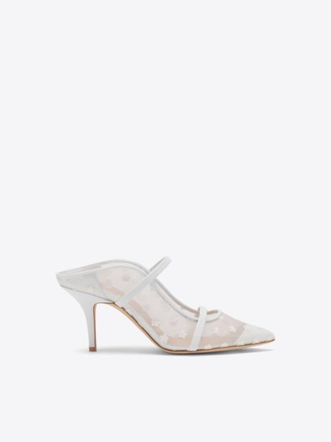 MALONE SOULIERS Maureen 70 White Floral Mesh Heeled Mules