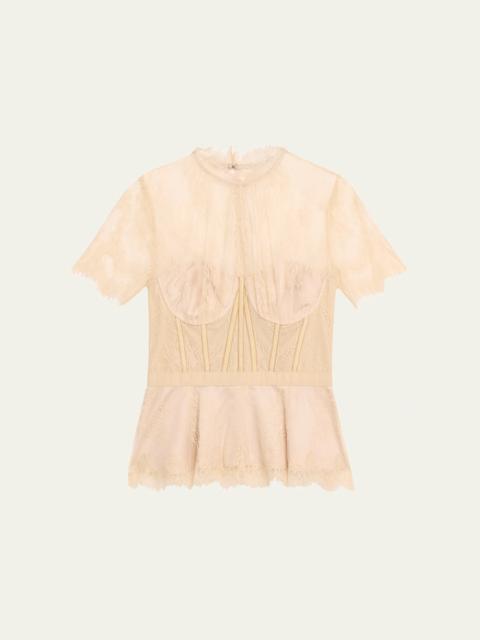 SIMKHAI Kehlani Sheer Lace Short-Sleeve Peplum Bustier Top