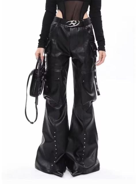 Other Designers Soft Black Pu Leather Wide Leg Cargo Pants for Women