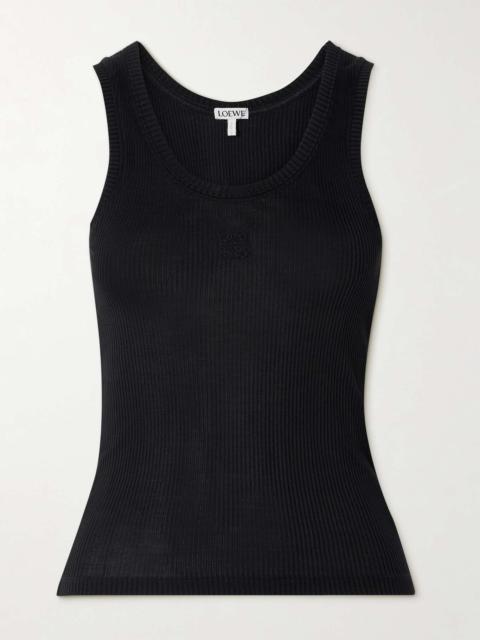 Anagram embroidered ribbed silk-jersey tank Black