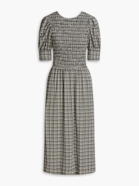 GANNI Shirred checked seersucker midi dress