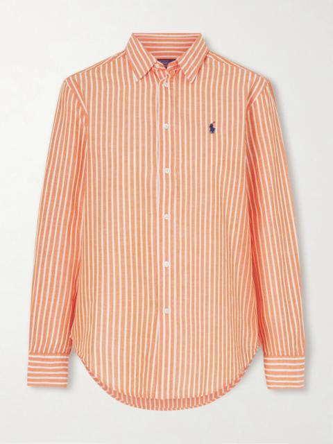 Polo Ralph Lauren Embroidered Striped Cotton And Linen-blend Shirt