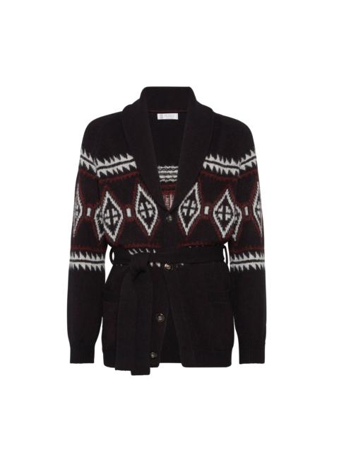 Brunello Cucinelli Brunello Cucinelli Geometric jacquard belted cardigan in Black at Nordstrom