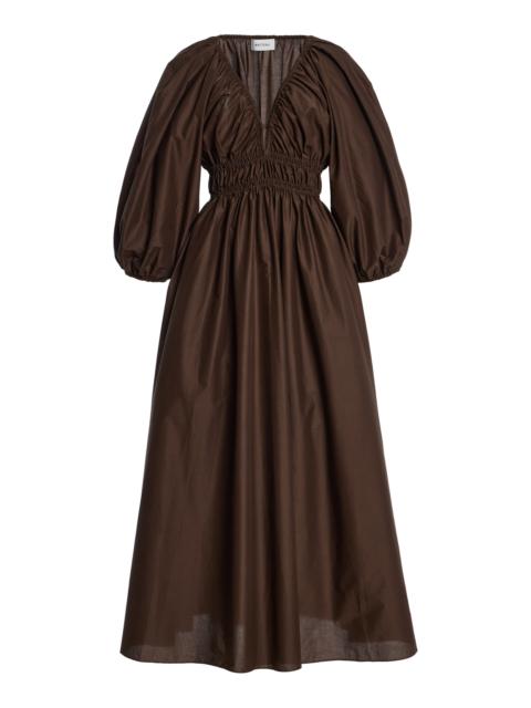 MATTEAU Shirred Cotton Plunge Button Midi Dress brown
