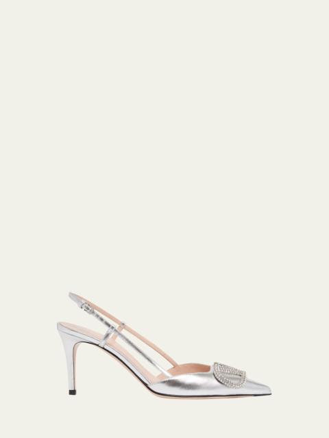 Valentino 80mm VLogo Signature Strass Metallic Leather Slingback Pumps