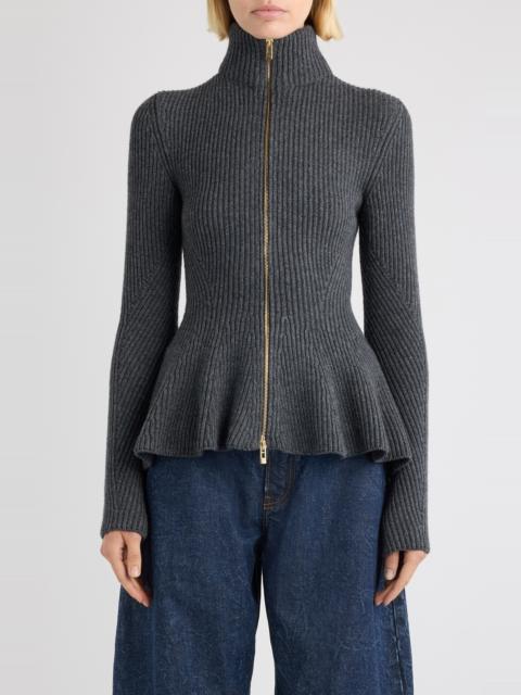 Alaïa Alaïa Virgin Wool & Cashmere Peplum Cardigan in Gris Fonce at Nordstrom