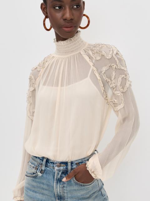 ULLA JOHNSON Magdalena Silk Smocked Long Sleeve Blouse