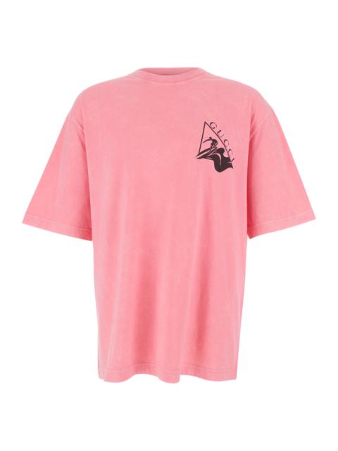 GUCCI Gucci Men Pink Crewneck T-Shirt With Surf Print And Logo On The Front In Cotton Man