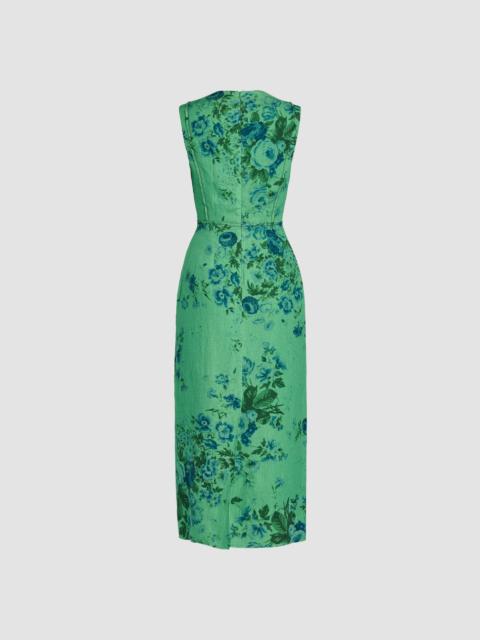 Erdem FLORAL PRINT LINEN PENCIL MIDI DRESS