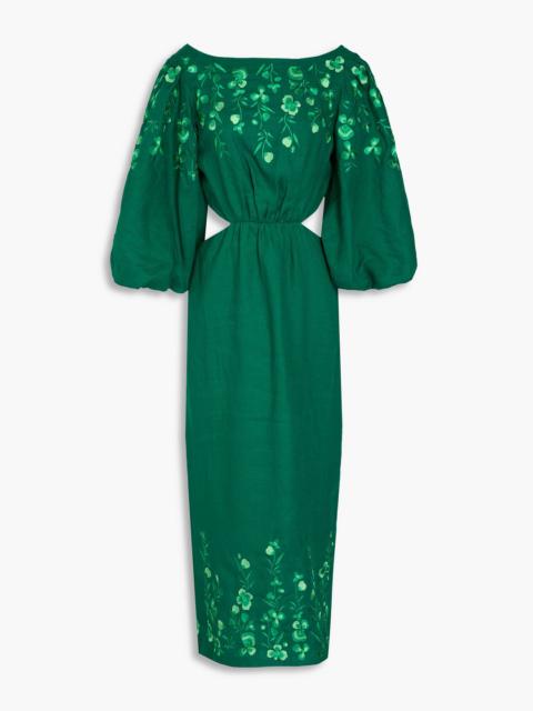 SALONI Neela cutout embroidered linen midi dress