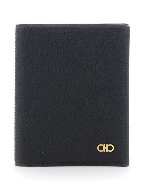 FERRAGAMO Ferragamo Men 'Micro Gancini' Black Card Holder Bi-Fold With Logo In Grained Leather Men