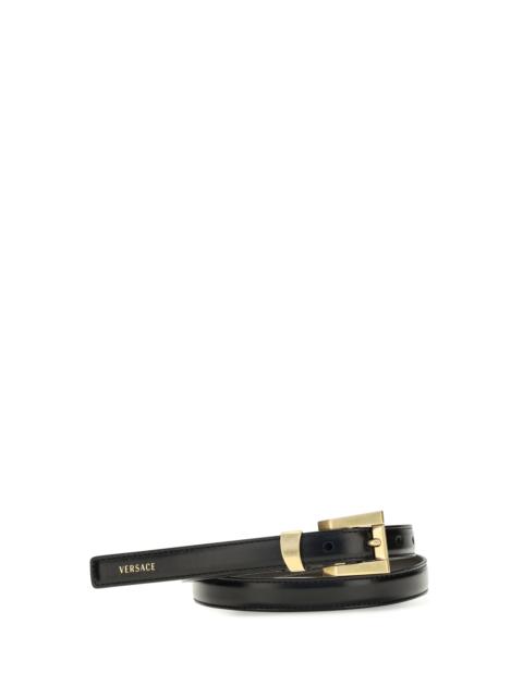 VERSACE Versace Glossy Leather Logo Print Belt Black/Gold