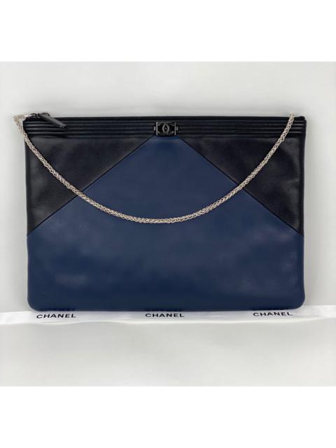 Chanel Quilted Lambskin Leather Black Blue Large Boy Zip Pouch Added Chain