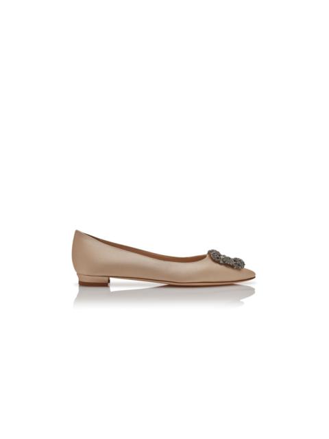 Manolo Blahnik Champagne Satin Jewel Buckle Flat Shoes