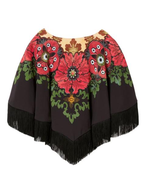 La DoubleJ floral-print fringed poncho